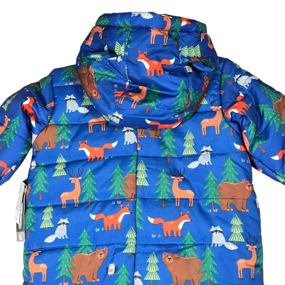 The Childrens Place Puffer Snowsuit Baby 6-9M Blue Woodland Animals NWT